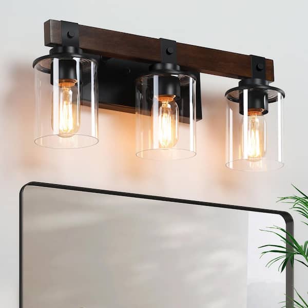 GMGSROM 18.5 in. 3-Light Black and Walnut Industrial Bathroom Vanity ...