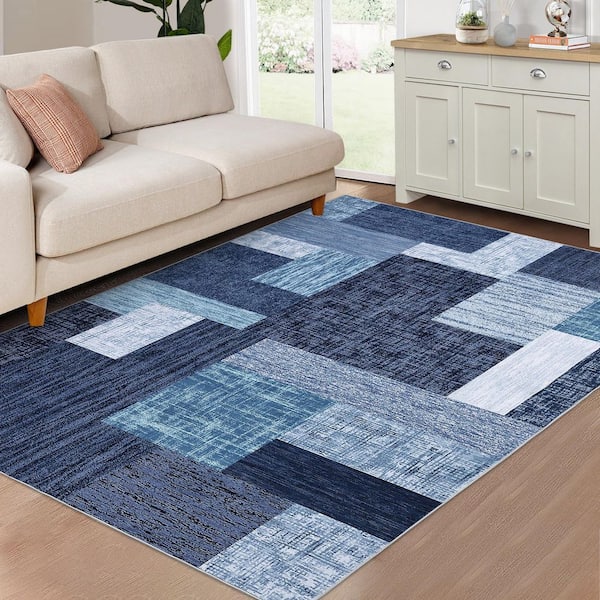 Modern Geometric Area Rug Living Room Decorative Rug Low Pile Non-slip Rug for Bedroom Kitchen Dining Room Blue 8X10ft