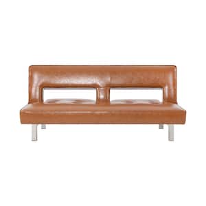 Caramel Futon Sofa Bed Faux Leather Futon Couch Modern Convertible Folding Sofa Bed Couch w/ Chrome Leg Couch