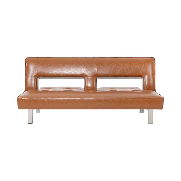 HOMESTOCK Caramel Futon Sofa Bed Faux Leather Futon Couch Modern Convertible Folding Sofa Bed Couch w/ Chrome Leg Couch