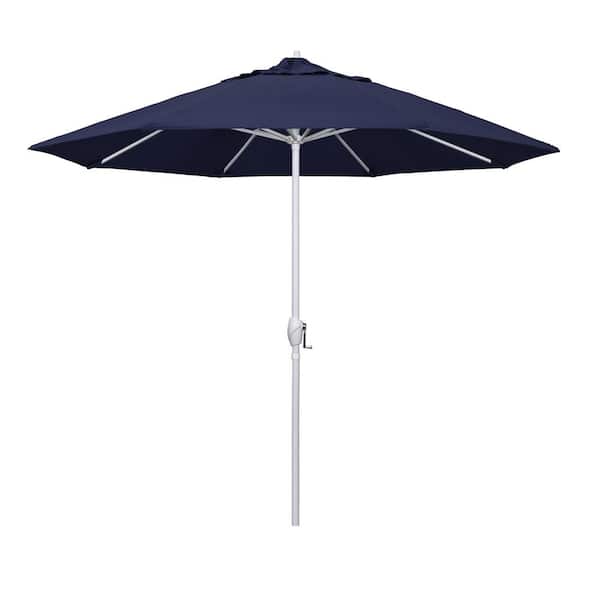 California Umbrella 9 ft. Matted White Aluminum Market Patio Umbrella Auto Tilt in Navy Blue Olefin