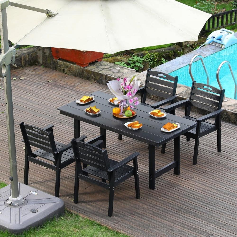 5-Piece HDPE Patio Dining Set in Black with Rectangular Table, Weather-Resistant Chairs and Umbrella Hole price history on PriceWatchPro