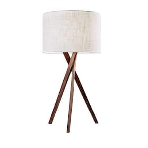 Charlie 29.5 in. Brown Integrated LED No Design Interior Lighting for Living Room with White Linen Shade