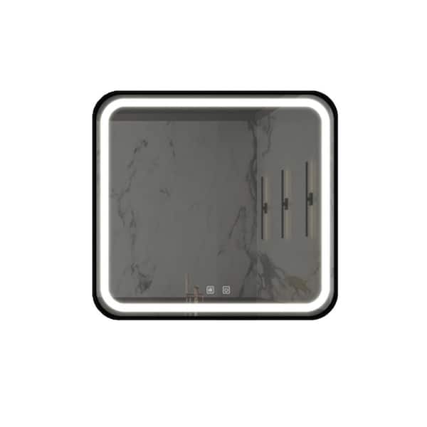 32 in. W x 32 in. H Square Framed Wall Bathroom Vanity Mirror in Black and Silver