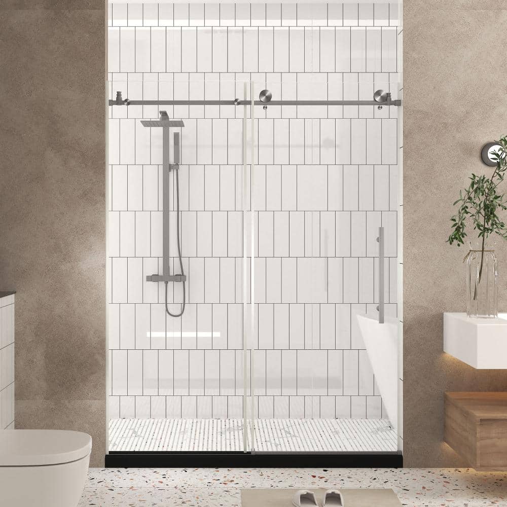 60 in. W x 76 in. H Sliding Frameless Shower Door in Brushed Nickel Finish with Clear Tempered Glass price history on PriceWatchPro