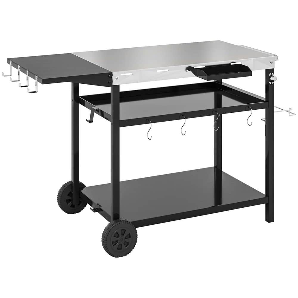 Black Outdoor Grill Cart with Stainless Steel Tabletop, 3-Shelf Outdoor Piz