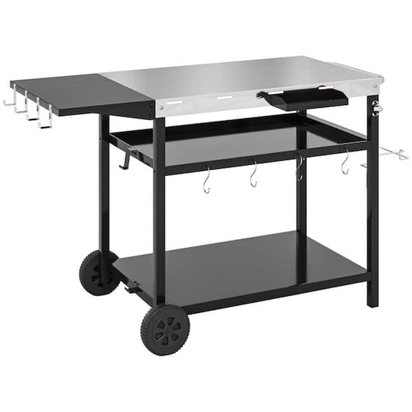 Black Outdoor Grill Cart with Stainless Steel Tabletop, 3-Shelf Outdoor Pizza Oven Stand Serving Bar Cart Prep Table