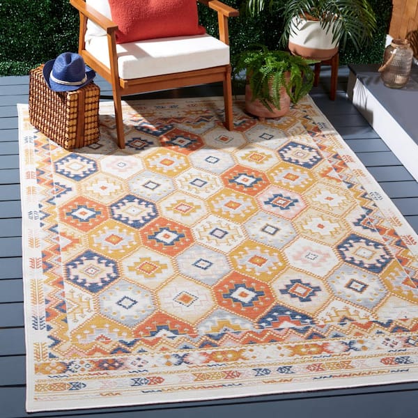 Sunrise Gold/Rust Blue 5 ft. x 8 ft. Geometric Trellis Reversible Indoor/Outdoor Area Rug