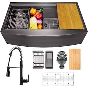 All-in-One Matte Black Finished Stainless Steel 33 in. x 22 in. Farmhouse Apron Mount Kitchen Sink with Faucet