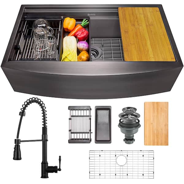 AKDY All-in-One Matte Black Finished Stainless Steel 33 in. x 22 in. Farmhouse Apron Mount Kitchen Sink with Faucet