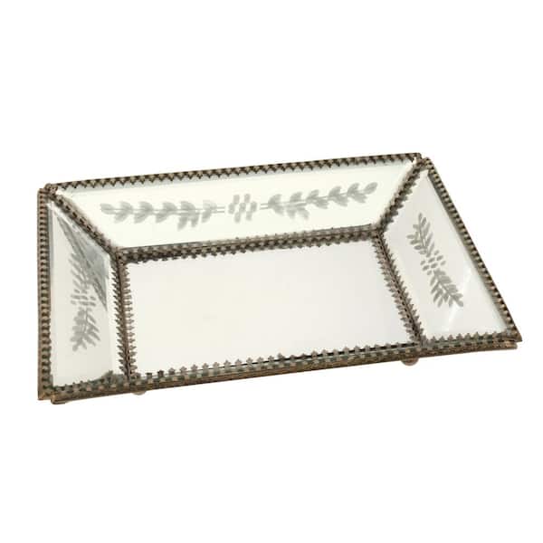Stonebriar Collection 9 in. x 7 in. Antique Pewter Etched Mirror Tray with Metal Trim