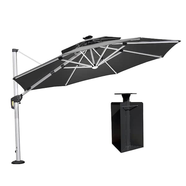 PURPLE LEAF 11 ft. Octagon Aluminum Solar Powered LED Patio Cantilever Offset Umbrella with Base in Ground, Gray