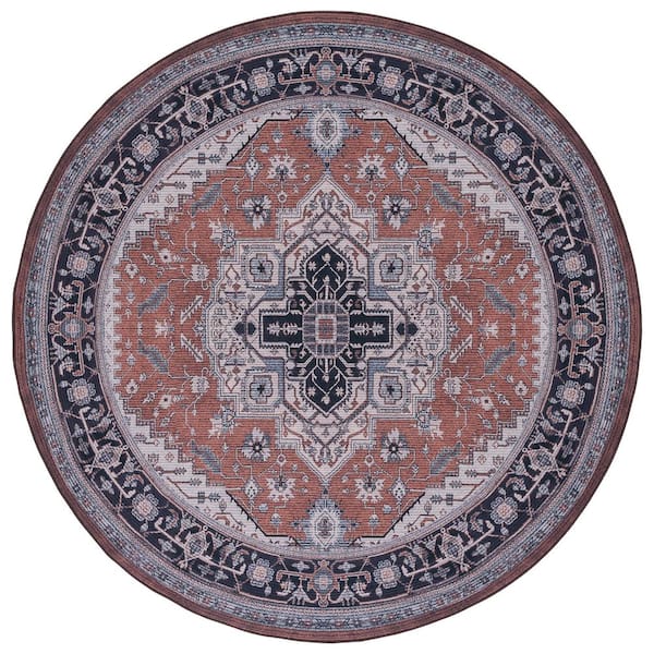 SAFAVIEH Tucson Rust/Navy 6 ft. x 6 ft. Machine Washable Border Floral Medallion Round Area Rug