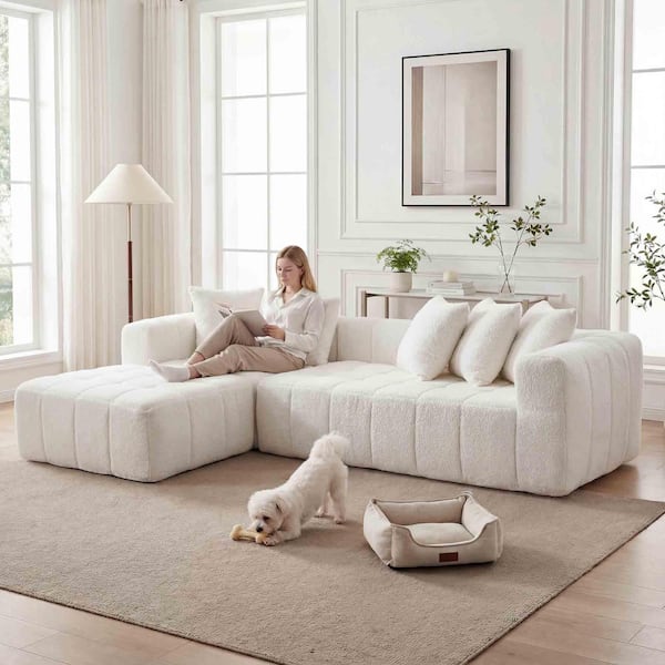 Declan Modern 107.9 in. Round Arm 2-Piece Chenille Modular Cloud Sectional Sofa in White with Chaise, Full Foam