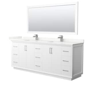 Strada 84 in. W x 22 in. D x 35 in. H Double Bath Vanity in White with Giotto Quartz Top and 70 in. Mirror