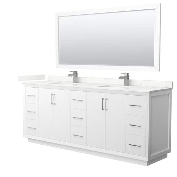 Wyndham Collection Strada 84 in. W x 22 in. D x 35 in. H Double Bath Vanity in White with Giotto Quartz Top and 70 in. Mirror