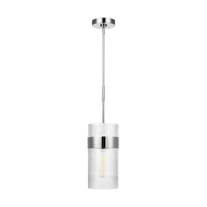 Geneva 7 in. W x 13.75 in. H 1-Light Polished Nickel Mid-Century Dimmable Large Pendant Light with Clear Glass Shade