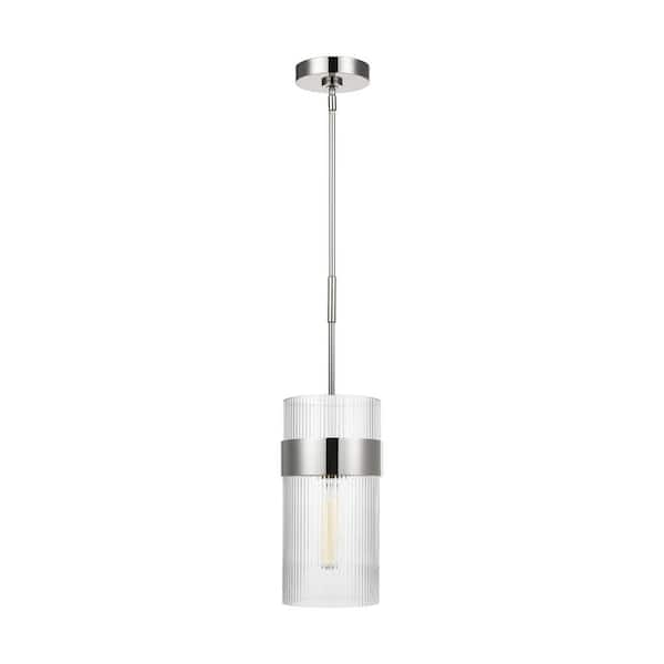 Generation Lighting Geneva 7 in. W x 13.75 in. H 1-Light Polished Nickel Mid-Century Dimmable Large Pendant Light with Clear Glass Shade