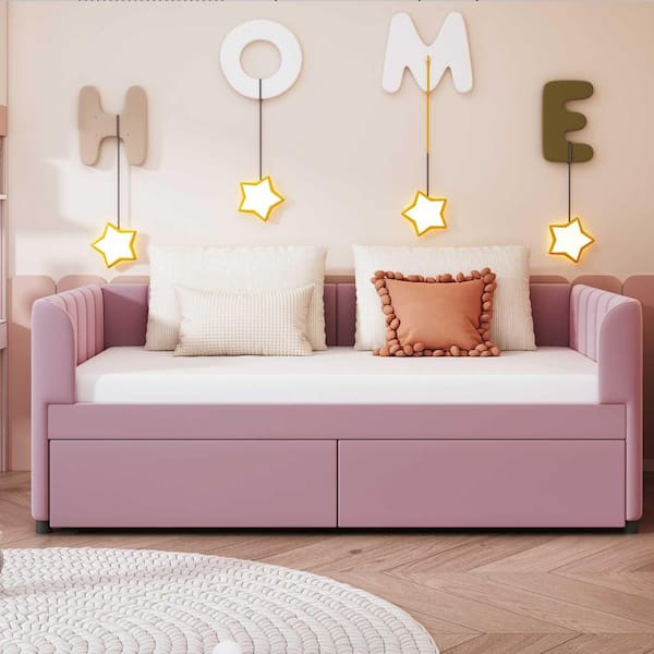 Pink Twin Size Daybed with Ergonomic Design Backrest and 2-Drawers