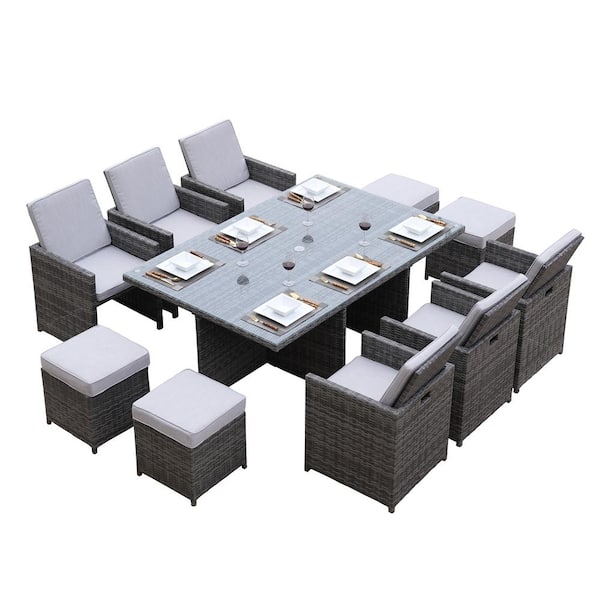 DIRECT WICKER Athena Gray 11-Piece Wicker Square Standard Height Outdoor Dining Set with Gray Cushions