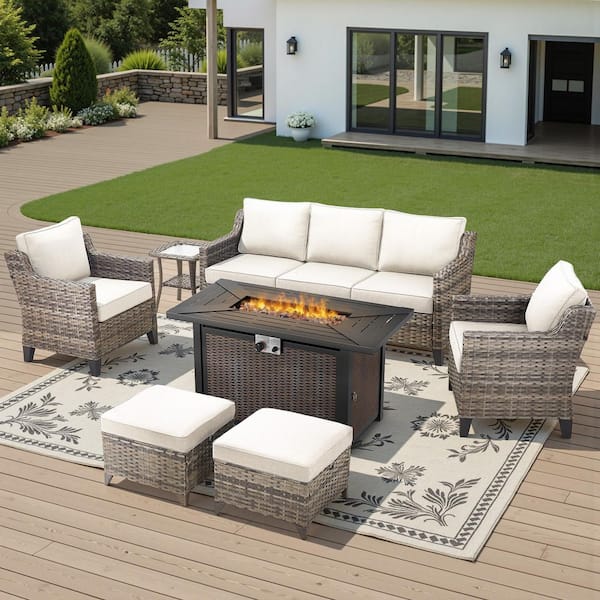 Rattan Wicker 7 Seat 7-Piece Steel Outdoor Fire Pit Patio Set with Beige Cushions, Steel Rectangular Fireplace Table