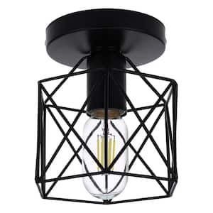 6 in. 1-Light Black Industrial Semi-Flush Mount Ceiling Light with Metal Cage Shade