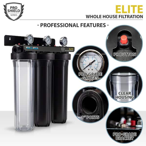Voordracht mager Bek PRO+AQUA Pro Aqua ELITE Whole House Water Filter 3 Stage Well Water  Filtration System with Gauges, PR Button, 1 Ports, Filter Set-PRO-100-E -  The Home Depot