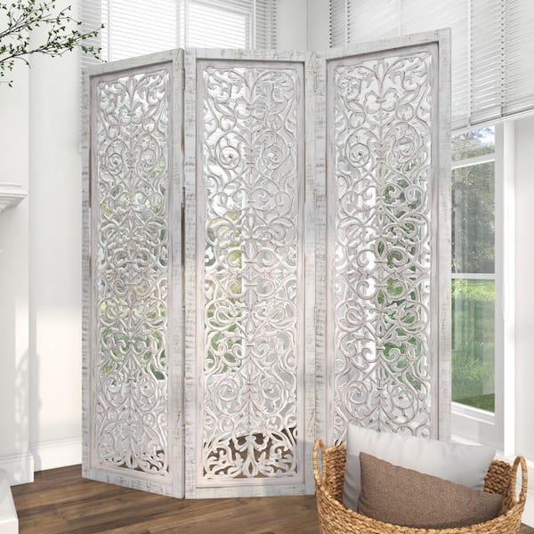 Litton Lane 6 ft. White 3 Panel Floral Handmade Hinged Foldable Partition Room Divider Screen with Intricate Carved Design