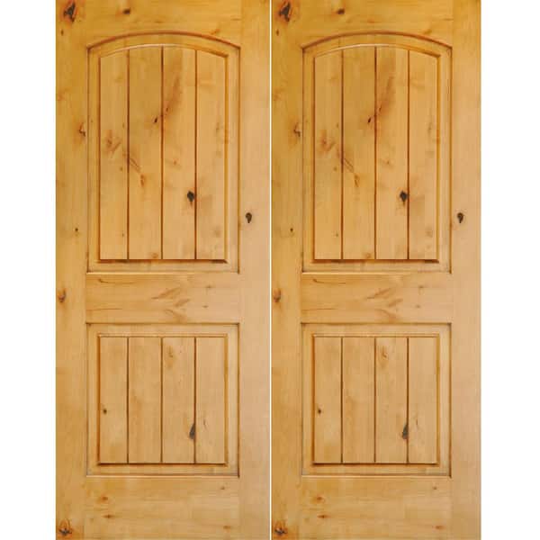 64 in. x 80 in. Rustic Knotty Alder Arch Top Clear Stain /V-Groove Right-Hand Inswing Wood Double Prehung Front Door