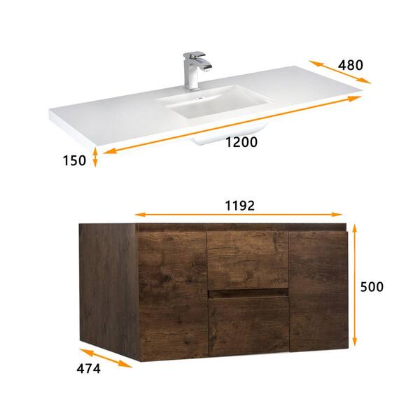 Wall-Mounted 48 in. W x 19 in. D x 20 in. H. Bath Vanity in Rose Wood with White Solid Surface Top with White Basin