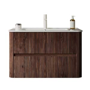 30 in. W Floating Bathroom Vanity in Brown Walnut with White Ceramic Top