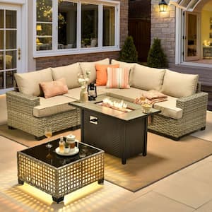 Kelleys 7-Piece Wicker Outdoor Patio Conversation Sofa Sectional Set with a Fire Pit and Beige Cushions