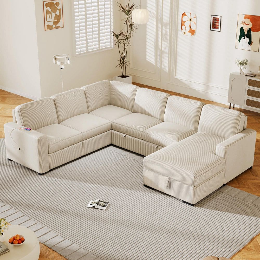 115.6 in. U-shaped Corduroy 6-Seater Sectional Sofa Bed in. Beige with Pull