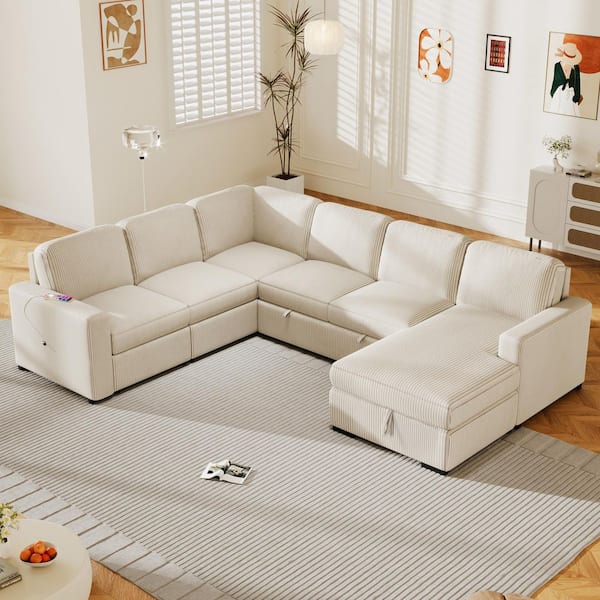 115.6 in. U-shaped Corduroy 6-Seater Sectional Sofa Bed in. Beige with Pull-out Sofa, USB Interfaces