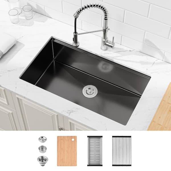 TMS 30 in. L x 19 in. W Black Undermount Single Bowl Stainless Steel Kitchen Sink with Strainers, Basket, Cutting Board