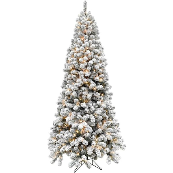 Fraser Hill Farm 9 ft. Pre-Lit Flocked Akaskan Pine Artificial Christmas Tree with Warm White LED Lighting