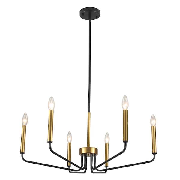 ADSENSTY 6-Light Black and Gold Linear Candle Chandelier for Dining Room Modern Lighting Fixtures