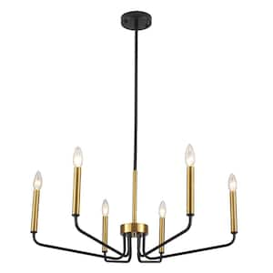 6-Light Black and Gold Linear Candle Chandelier for Dining Room Modern Lighting Fixtures