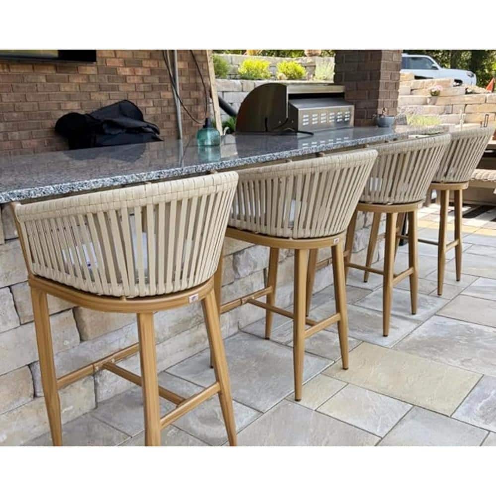 Modern Aluminum PE Rattan Bar Height Outdoor Bar Stool with Back and Beige Cushion (4-Pack) price history on PriceWatchPro