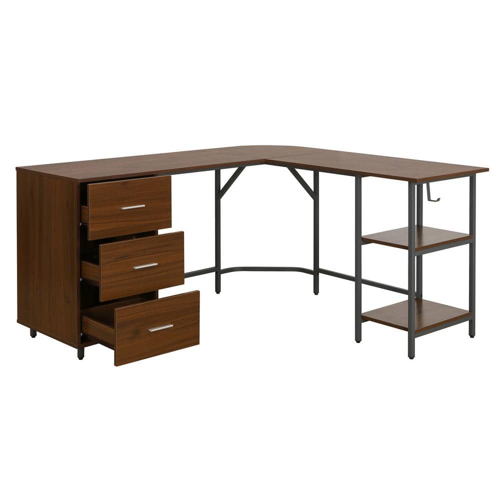 Rustic Walnut Wood Corner Gaming Desk with Drawer Storage