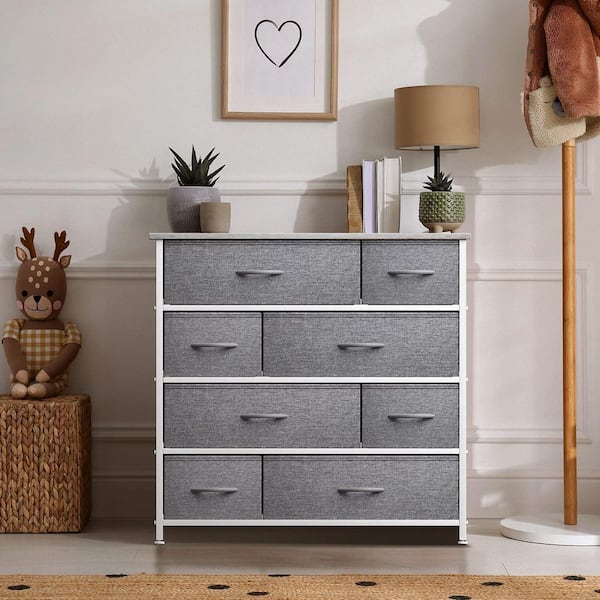 HOMCOM 8 Drawer Dresser 3 Tier Fabric Chest of Drawers Storage Tower  Organizer Unit with Steel Frame for Bedroom Hallway Light Grey