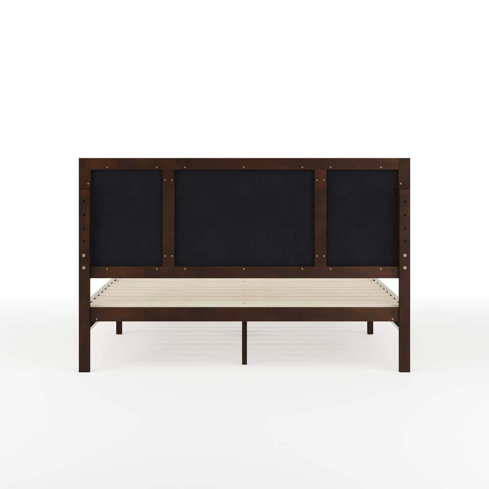 Queen Dark Brown and Beige Upholstered Wood Platform Bed