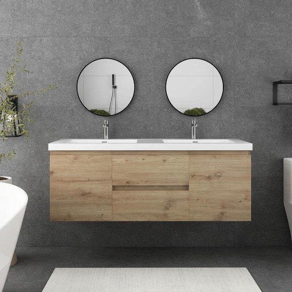 Boosicavelly 60 in. W x 19.5 in. D x 22.5 in. H Double Sink Wall- Mounted Bath Vanity in F. Oak with White Resin Top