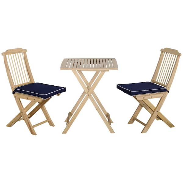 Outsunny 3-Piece Wood Outdoor Bistro Set with Blue Cushions