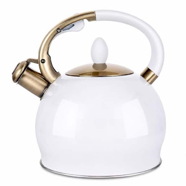 2.64 qt. Stainless Steel Stove Top Tea Kettle with Cool Touch Ergonomic Handle and 1 Silicone Pinch Mitt, 9-Cup, White