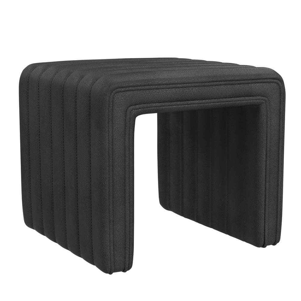 Black Faux Leather Channel Tufted Footstool Ottoman