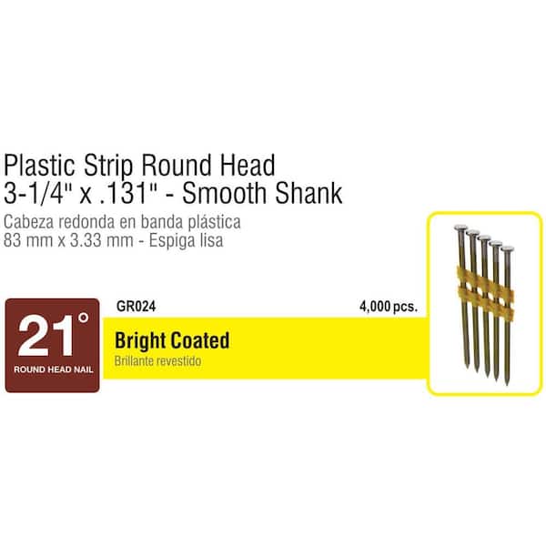 Grip-Rite GR024 3-1/4 in. x 0.131 Plastic Bright Vinyl-Coated Steel Smooth Shank Round Framing Nails (4,000 per Box) - 3