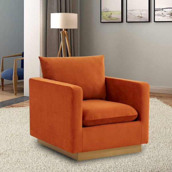 Nervo Modern Gold Frame Orange Marmalade Velvet Upholstered Accent Arm Chair With Removable cushions