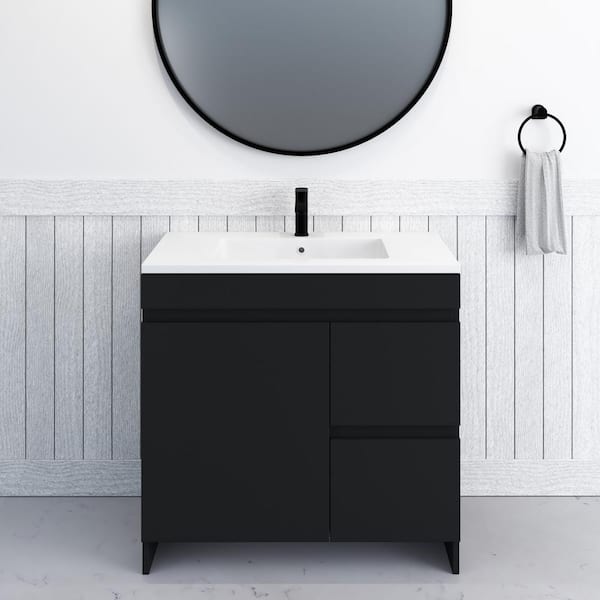 VOLPA USA AMERICAN CRAFTED VANITIES Mace 36" W x 20 D Single Sink Bathroom Vanity Right Side Drawers In Matte Black With Acrylic Integrated Countertop