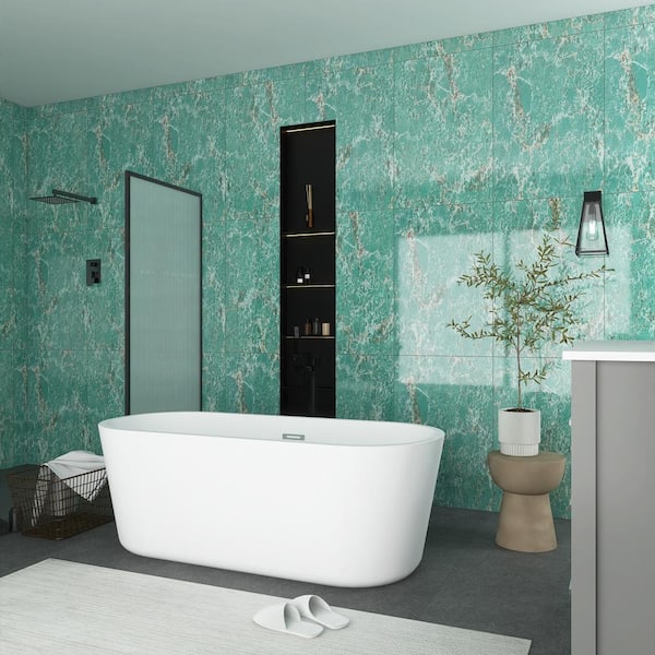 JimsMaison 60 in. Acrylic Freestanding Flatbottom Soaking Bathtub in Glossy White with Drain